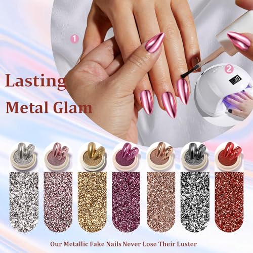 SXVME Black Chrome Medium Almond Press On Nails Metallic Glue On