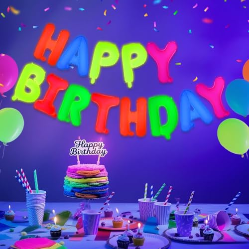 Glow in the Dark Happy Birthday Balloons - 16 Inch Neon Party Decor