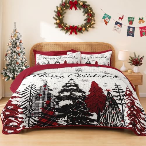 Queen Christmas Quilt Set with Tree Plaid Pattern - 7 Pieces Winter Bedding - Variation: Christmas Trees 1