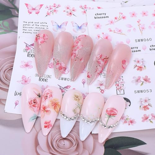 Spring Pink Flower Water Nail Decals 24 Sheets Cherry Blossom Nail Art