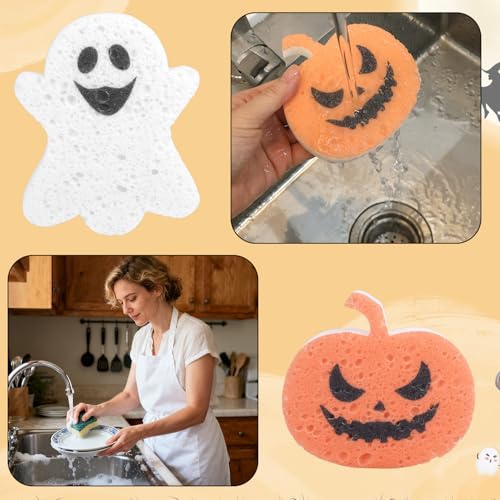 Halloween Kitchen Sponges Set - 4 Cute Pumpkin & Ghost Scrubs