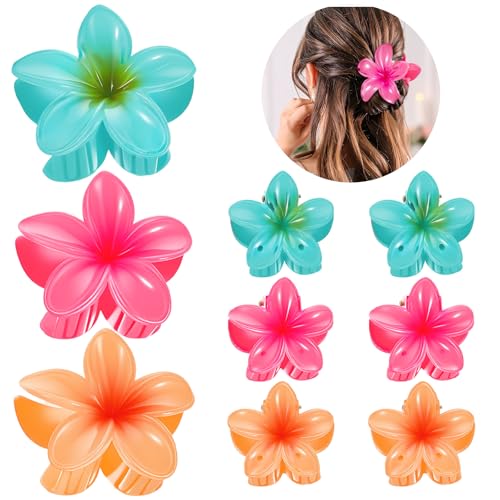 9-Piece Hawaiian Flower Claw Clips Set, Tropical Plumeria Hair Accessories