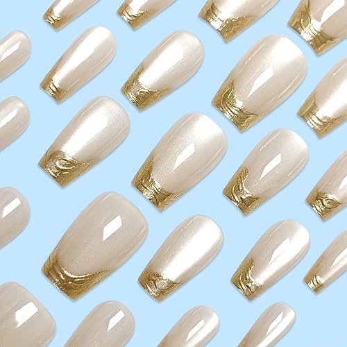Nude and Gold French Tip Press On Nails Medium Square False Nails Kit