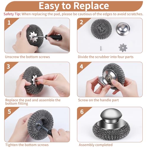 VinYankee Stainless Steel Wool Scrubber with Handle - 1 Handle & 4 Pads