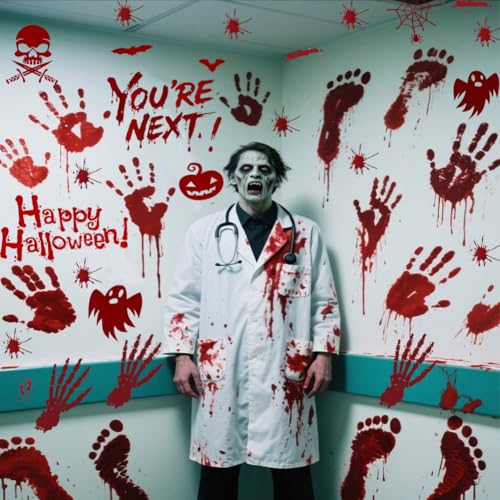 Halloween Window Clings - Bloody Handprint & Footprint Stickers, 9 Sheets
