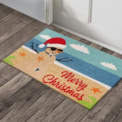 Coastal Christmas Coco Coir Door Mat with Non-Slip Backing - 18x30 Inches - Easy to Clean Welcome Mat - Holiday Outdoor Decor - Variation: Multi