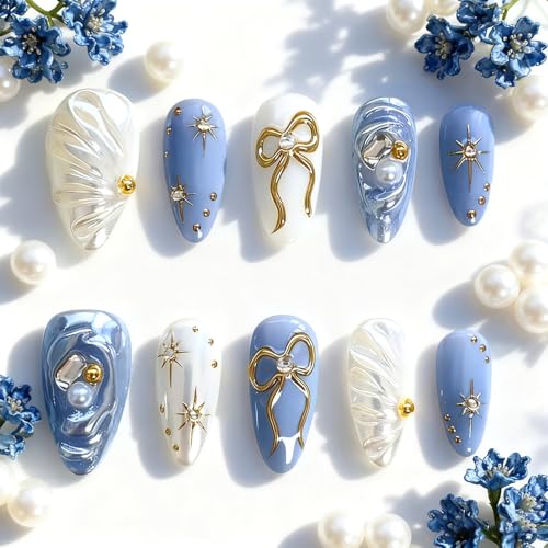 24Pcs Gold Star Press on Nails Medium Almond Fake Nails with Bow