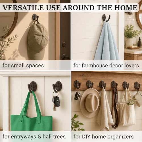 Rustic Cast Iron Wall Hooks - 6 Pack Vintage Coat Hangers