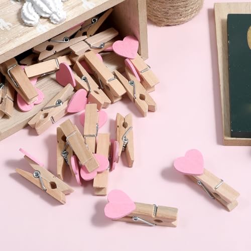20 Pink Heart Wooden Clothespins with Jute Rope for Photos