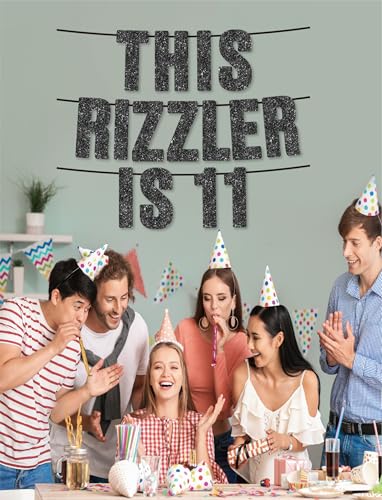 This Rizzler is 11 Black Glitter Banner, Gen Z Slang 11th Birthday Party