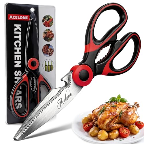 Acelone Heavy Duty Kitchen Shears, Ultra Sharp Stainless Steel Scissors - Red & Black