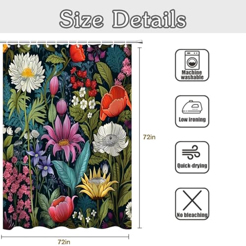 Colorful Floral Shower Curtain Set - Waterproof 72x72 Inch with Hooks