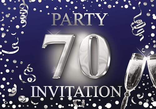 Elegant 70th Birthday Invitation Cards - Set of 10, Dark Blue & Silver