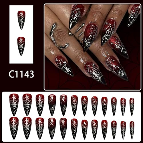 Halloween Press on Nails Long Almond Dark Red Spider Web Fake Nails