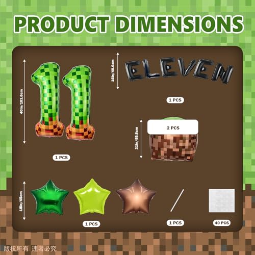 40" Green Pixel Miner Number 8 Balloon Set - 11Pcs Gaming Party Decor