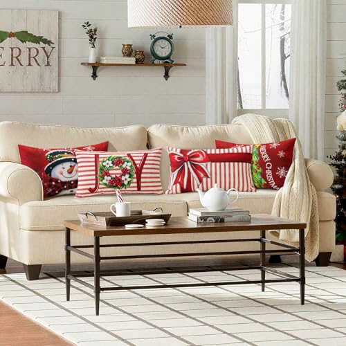 Soleebee 4-Pack Merry Christmas Linen Throw Pillow Covers, 16x24 Inch
