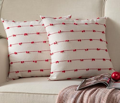 Boho Christmas Throw Pillow Covers 18x18 Inches Set of 2 Beige & Red Farmhouse Decor