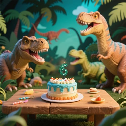 Green Dinosaur Birthday Candle - Number 6 Cake Topper for Kids