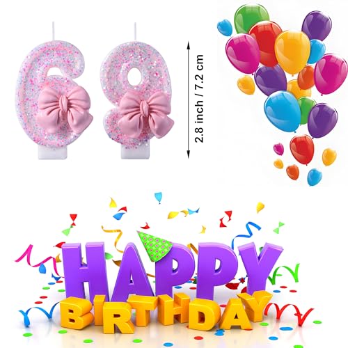 Elegant 69th 96th Birthday Candles with Pink Glitter Bow