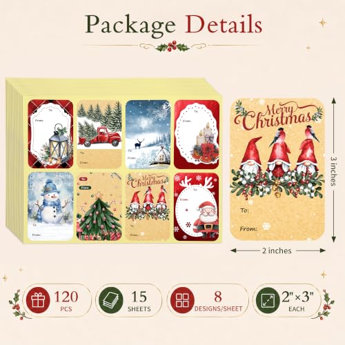 120 Pack Christmas Gift Tag Stickers - 8 Designs, Self-Adhesive Kraft Tags (Variation: Christmas With Snowman)