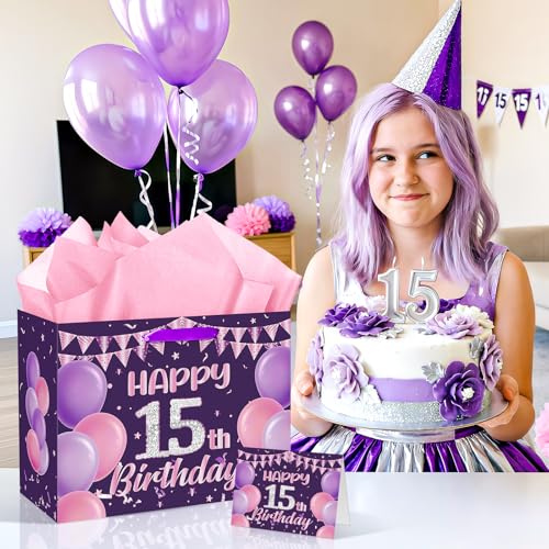 Happy 15th Birthday Gift Bag Set for Girls - Purple & Pink