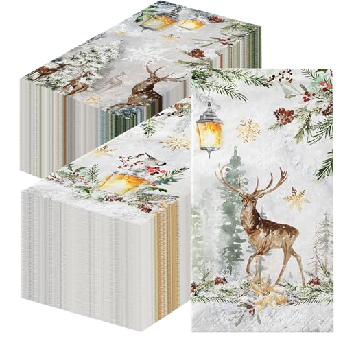 Christmas Deer Paper Napkins - 40 Pack Winter Holiday Disposable Towels