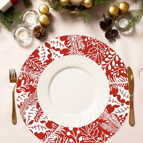 Christmas Red Placemats 50 Pack - Pine Leaves & Holly Holiday Tableware