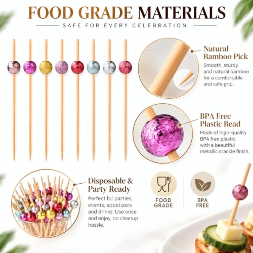 Assorted Metallic Bead Bamboo Cocktail Picks - Glitter, 4.72 Inch, 100 Pack