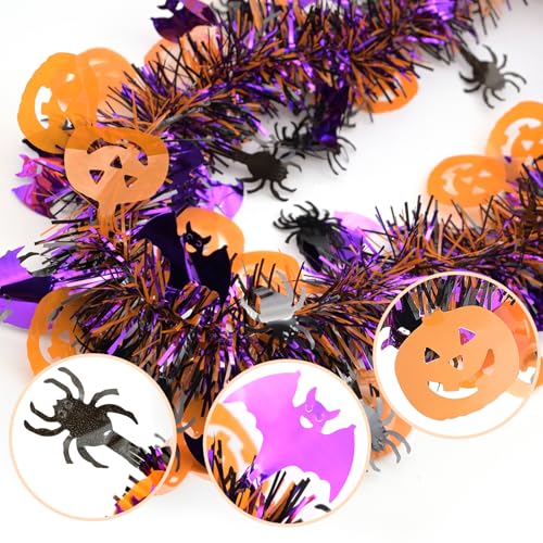 33 FT Halloween Tinsel Garland with Pumpkins, Bats & Spiders