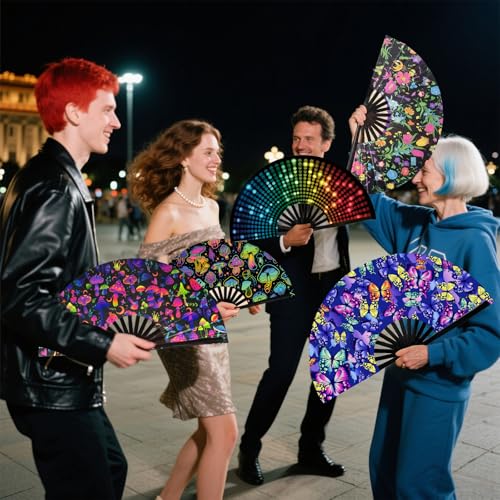 Large Folding Hand Fan for Raves and Dance Events - Neon Glow