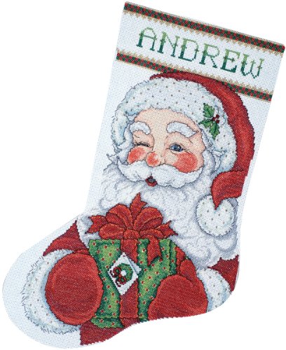 Winking Santa Cross Stitch Stocking Kit with Cotton Floss & Beads, 17 Inches