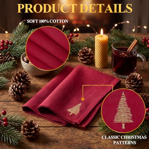Christmas Cloth Napkins Set of 6 - Red Embroidered Tree Pattern, 17x17 Inches