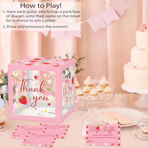 Strawberry Diaper Raffle Tickets & Box for Baby Showers - 51 Pcs Clear Design