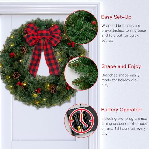 24 Inch Christmas Wreath with Lights and Red Green Variation
