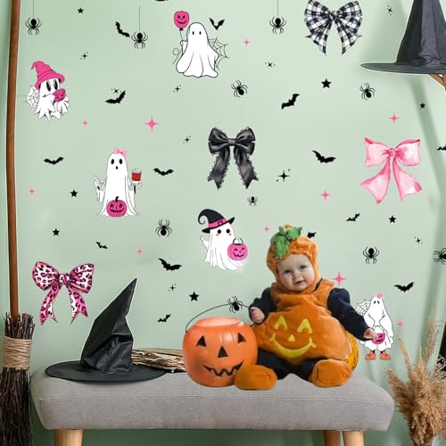 Halloween Wall Decals - Cute Bow Ghost & Bat Stickers (2 Sheets)