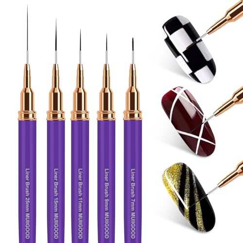 MUIIGOOD 5-Piece Nail Art Liner Brush Set for Fine Lines and UV Gel Painting