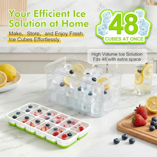 Green Ice Cube Tray with Lid & Bin - 4 Pack, Small, Stackable Freezer Mold
