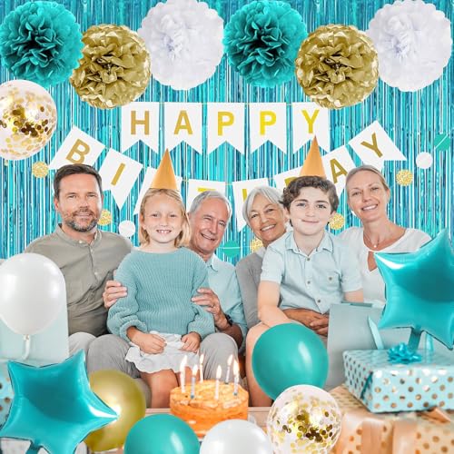 Teal and Gold Birthday Party Decoration Kit with Banner, Balloons, and Fringe