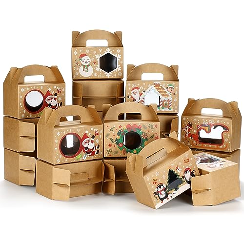 Christmas Treat Boxes with Window - 24 Pack, Gable Design, Handle, 6 Styles, 6 x 3.5 x 3.5 Inches