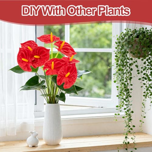 RAINFLOW 8-Piece Artificial Anthurium Flowers, 12.7-inch Faux Tropical Stems