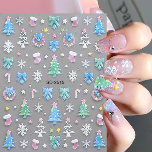 5D Christmas Nail Stickers Embossed Snowflake Holiday Nail Decals 5 Sheets