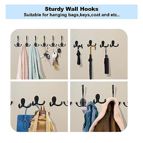 Kruodop 4 Pack Black Heavy Duty Wall Hooks for Coats & Towels - Metal Double Hanger