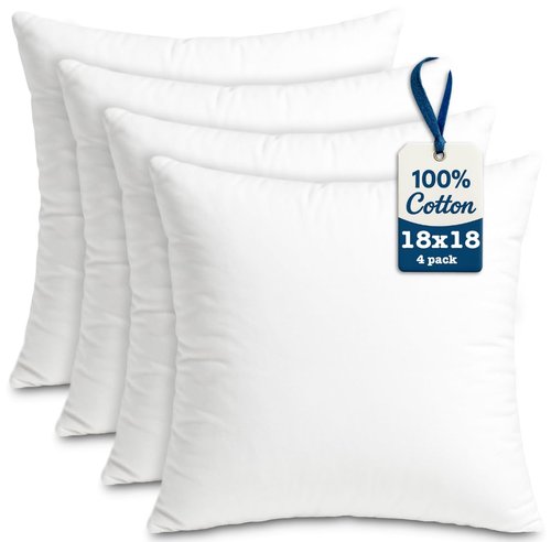Foamily Throw Pillow Inserts 100% Cotton 4 Pack 18x18 Pillow Inserts for Decorative Pillows for Couch and Bed Indoor Cotton Pillow Stuffing