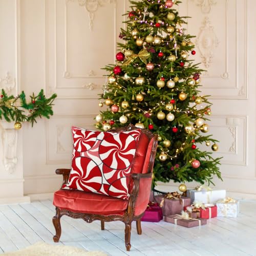 Vellibring Christmas Candy Pillow Covers, 18x18 Set of 4 Red & White Linen