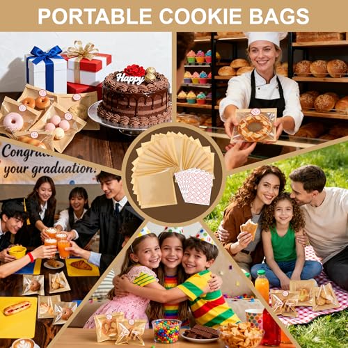 120 Pack Kraft Cookie Bags with Clear Window and Thank You Stickers