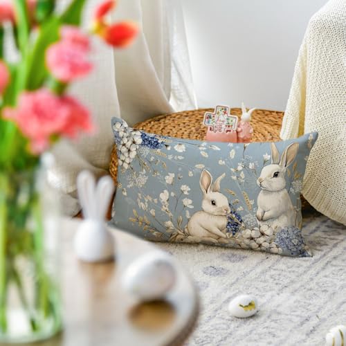 Easter Bunny Blue Throw Pillow Cover - 12x20 Inch Hydrangea Design
