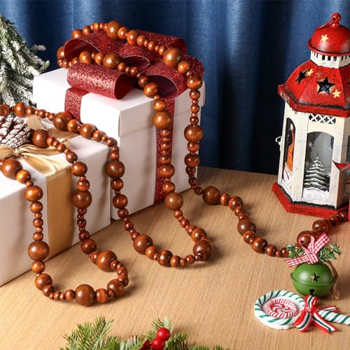 Wood Bead Garland for Christmas Tree Coffee - 2 Pieces, 16.4 Feet