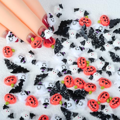 MOLILON 100Pcs Halloween Nail Charms 3D Resin Pumpkin Ghost Bat Gems