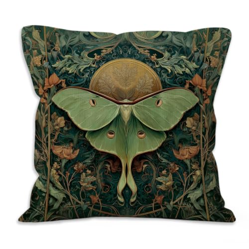 Boho Green Luna Moth Throw Pillow Cover 18x18 | Cozy Home Decor