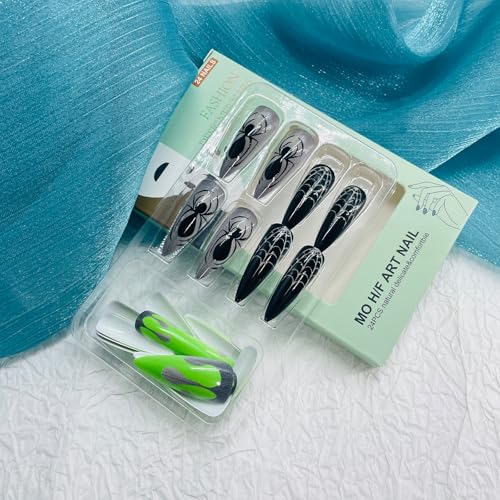 Halloween Long Stiletto Press On Nails Spider Web Fake Nails